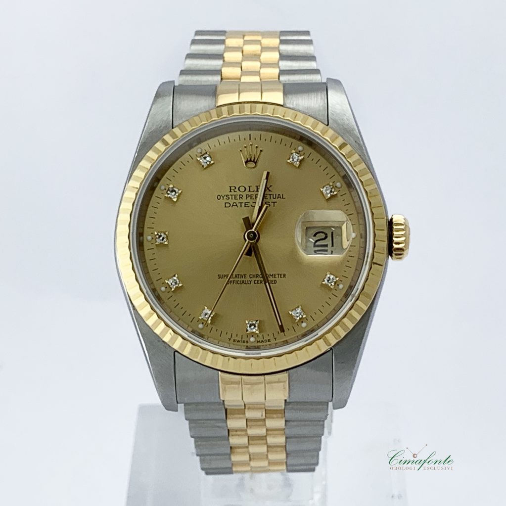 Rolex Datejust ref.16233 Acciaio e oro Secondo Polso mm36. Quadrante Champagne con Brillanti